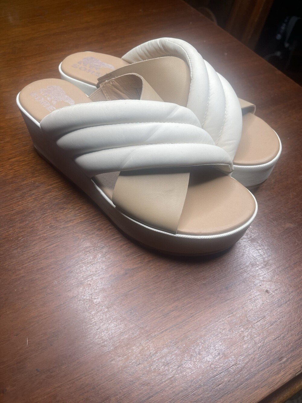 Sorel Cameron Wedge Flatform Puff Mule Sandals Chalk Beige Womens Size 8 NEW